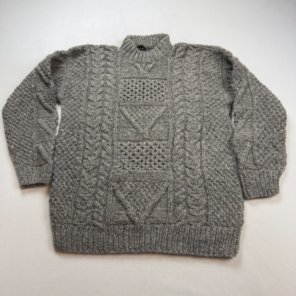 VTG OTAVALO Native American Men's‎ LG Hand Knit Wool Sweater Gray Aran Fisherman